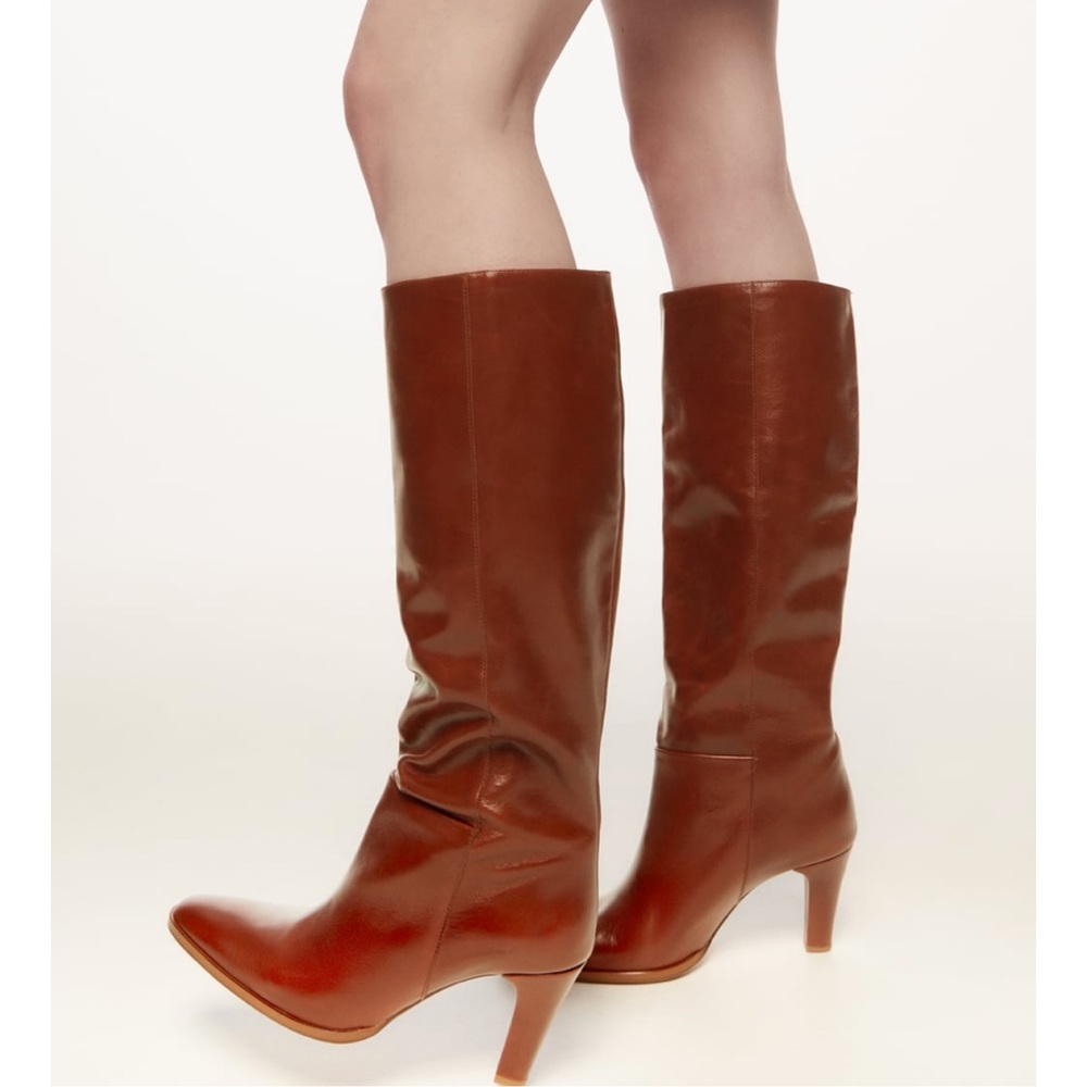 ZARA Knee High Mid Height Heeled Leather Boots - Picture 4 of 11
